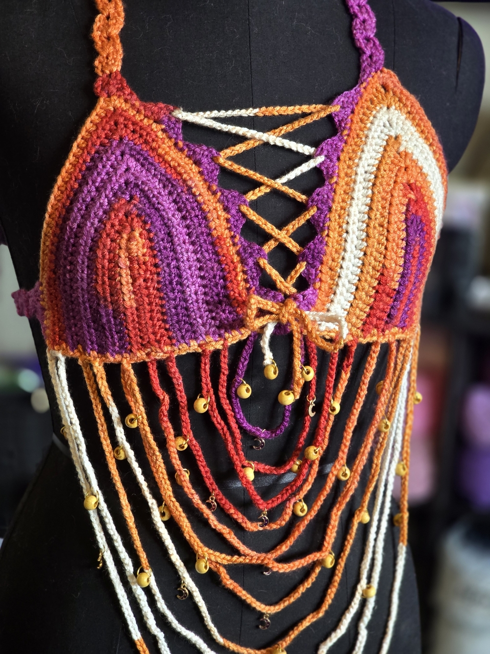 Handmade Crochet Fringe Festival Halter Top - Orange, Purple, White - Picture 2 of 4